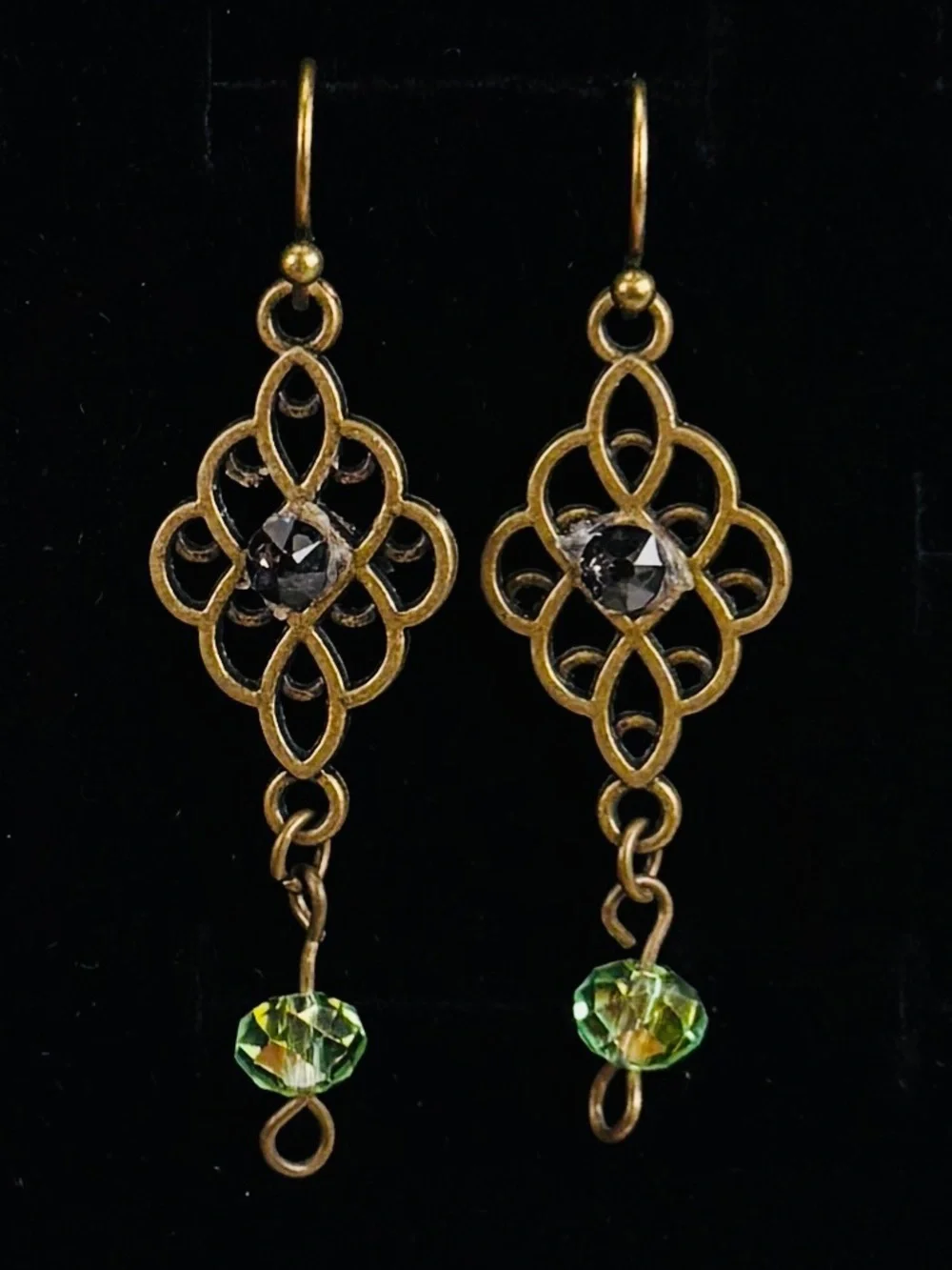 Bohemian chic, aged bronze tone, green bead, lightweight pierced earrings
